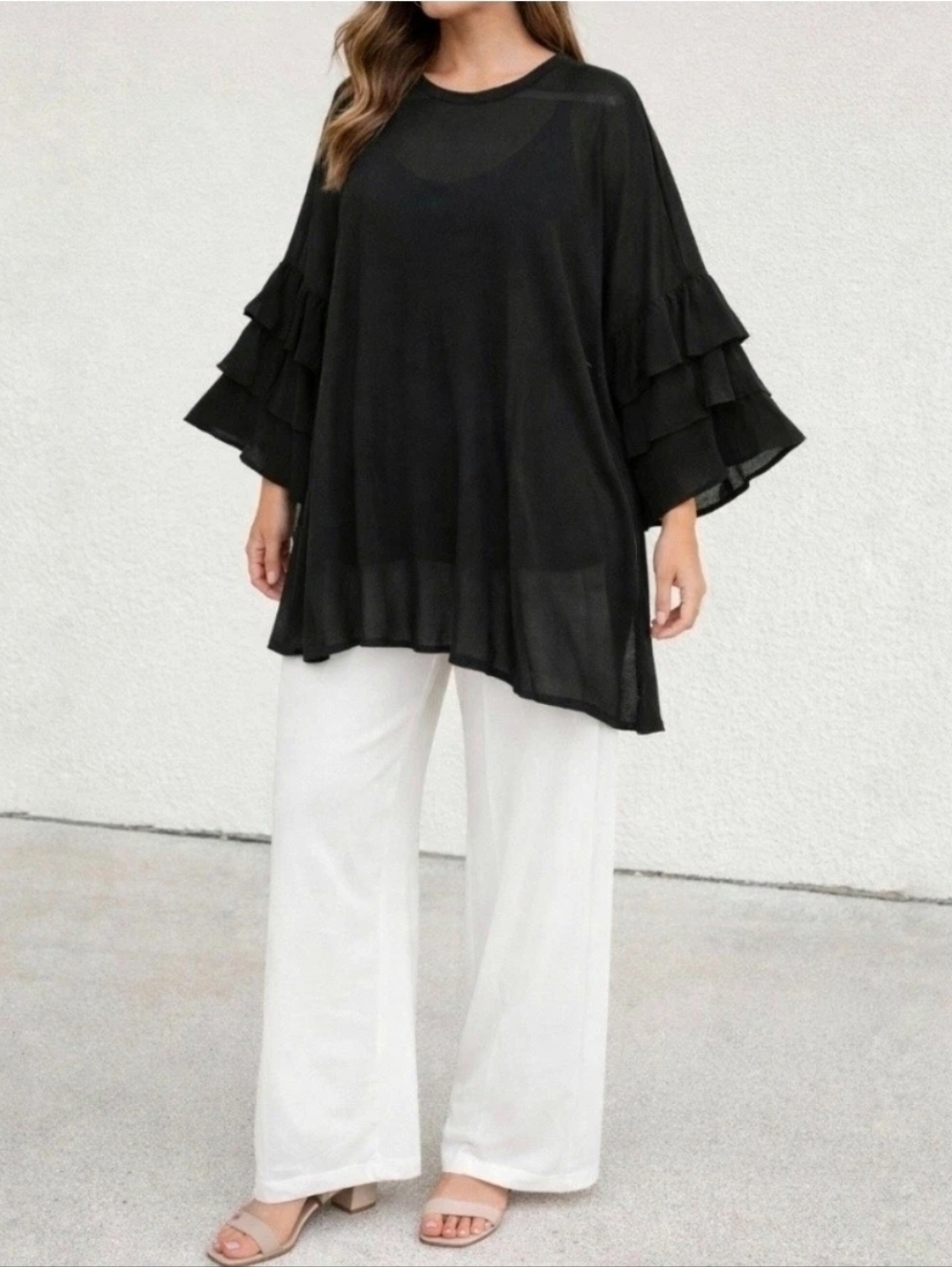 Bitte Kai Rand Black Sheer Oversize Tunic Mini Dress Ruffle Sleeve Size XL 1X